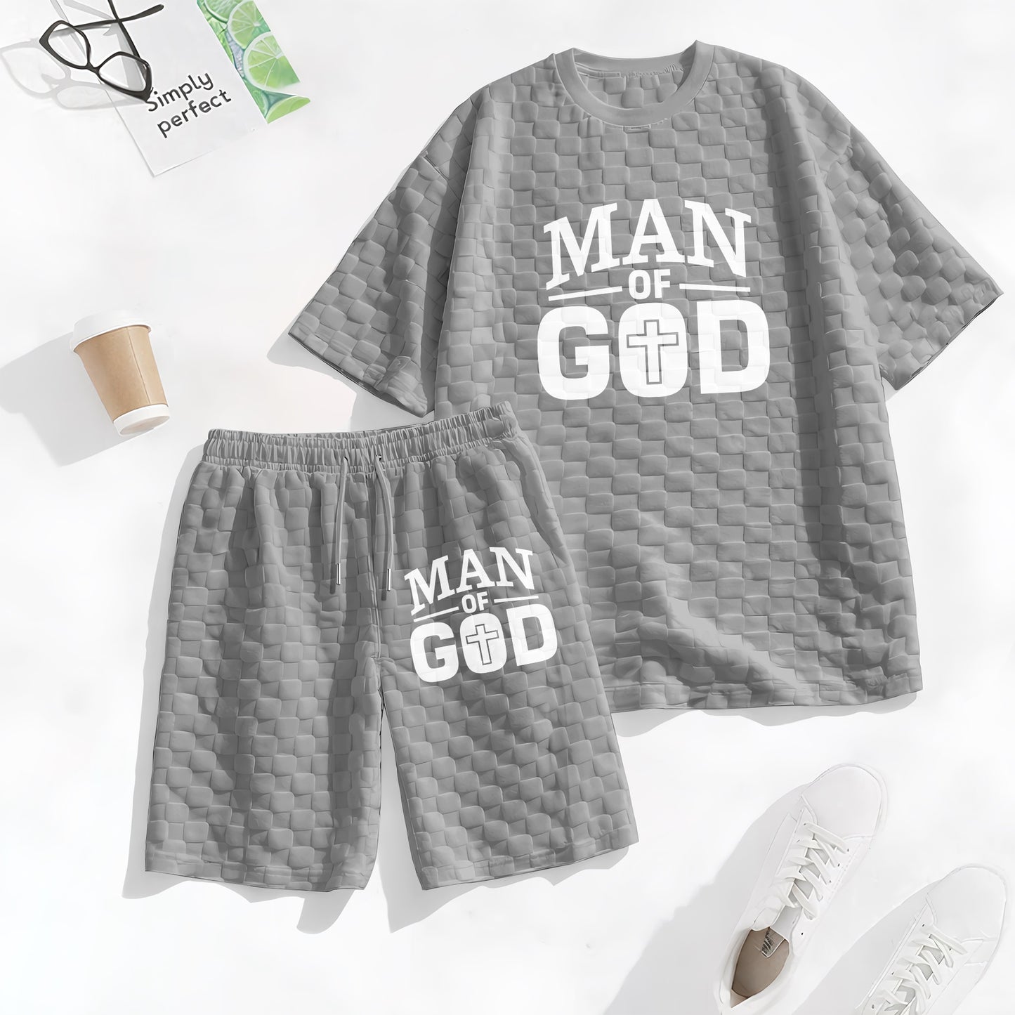 Men's Spring and Summer 'Man of God' Letter Print Checkered Fabric Drawstring Shorts Set, Casual Summer Outfit with Short-Sleeved Shirt and Shorts, Ideal for Everyday Wear and Sports Activities.