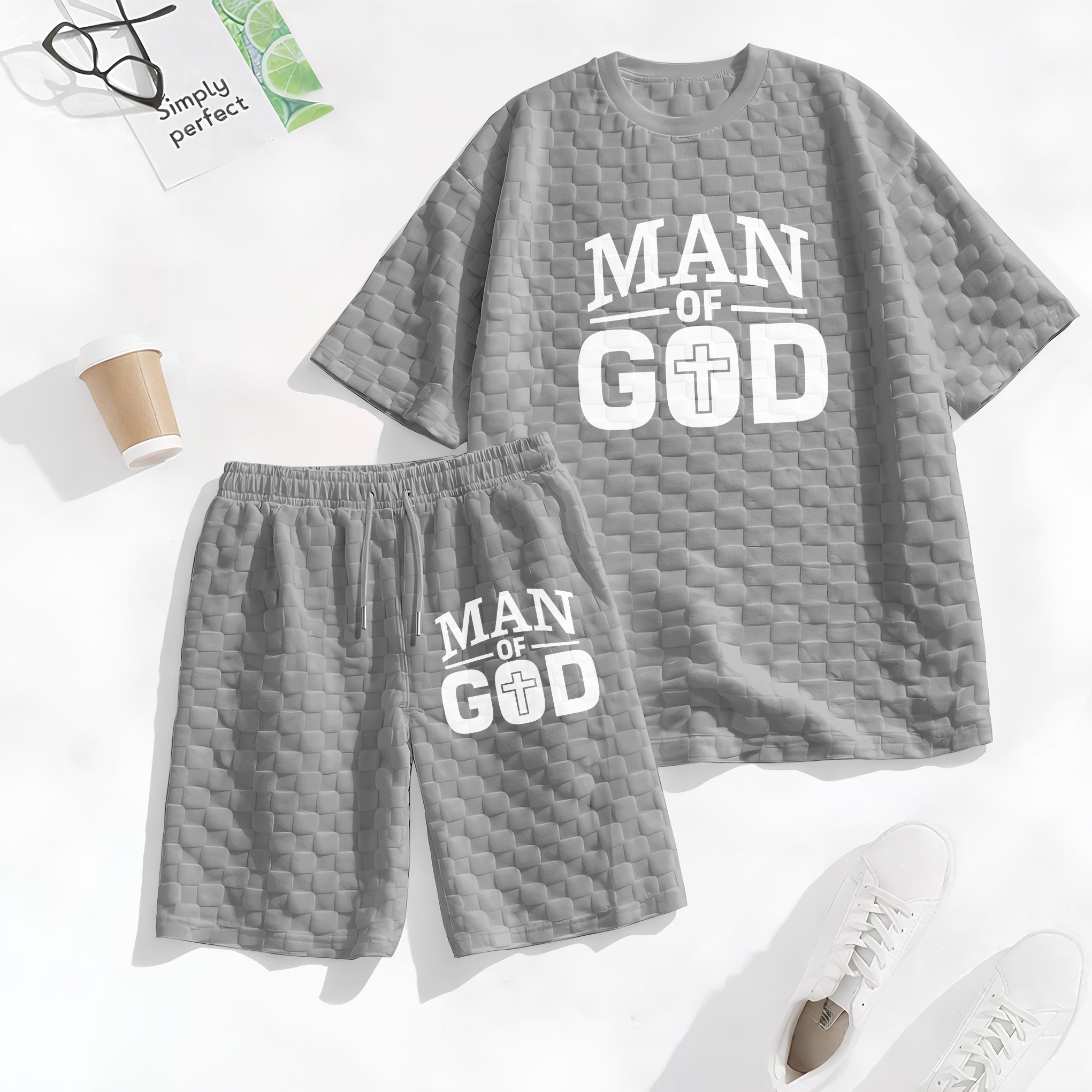 Men's Spring and Summer 'Man of God' Letter Print Checkered Fabric Drawstring Shorts Set, Casual Summer Outfit with Short-Sleeved Shirt and Shorts, Ideal for Everyday Wear and Sports Activities.