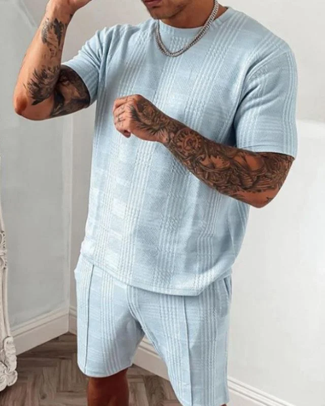 Men's blue casual short-sleeved two-piece suit