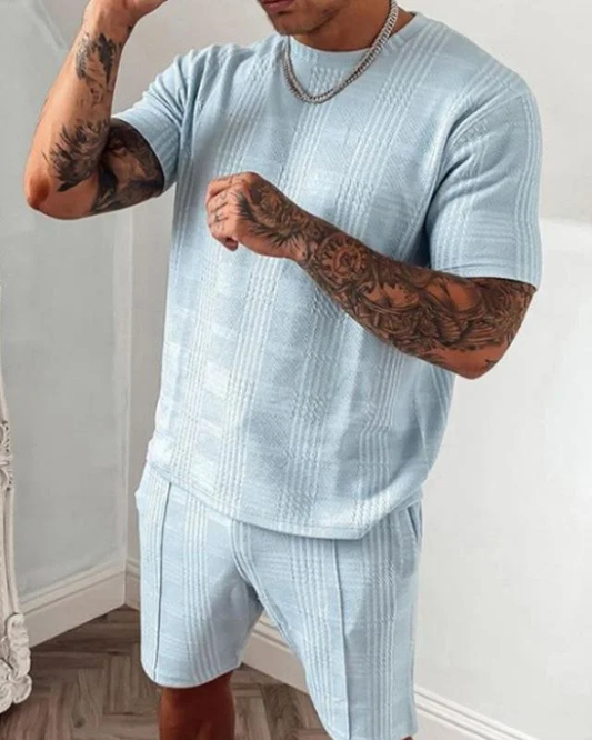 Men's blue casual short-sleeved two-piece suit