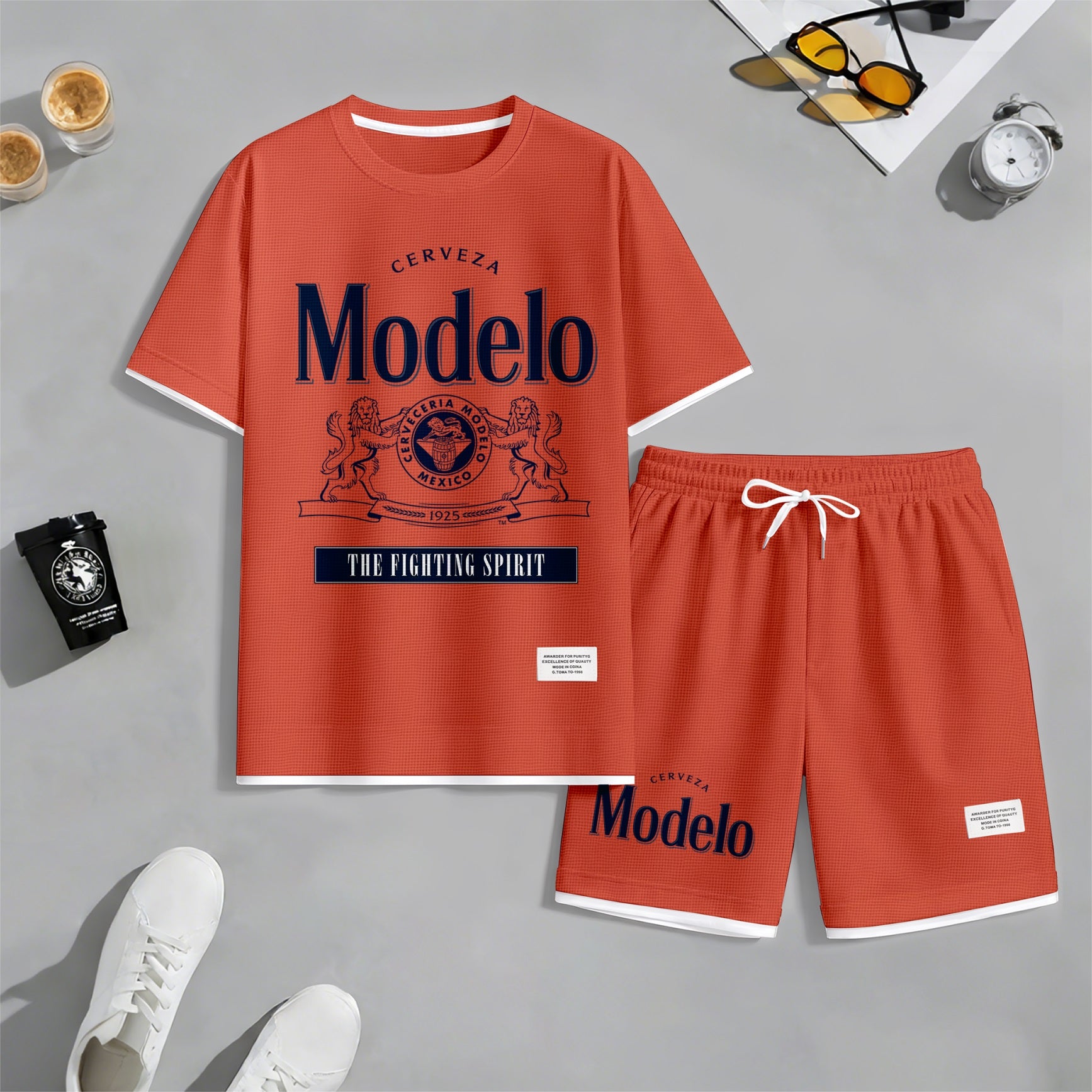 Men's Beer Print Drawstring Shorts Set, Suitable For Spring And Summer Wear, Casual Summer Set, Including Short-Sleeved Shirt And Shorts, Suitable For Everyday Wear And Sports 02