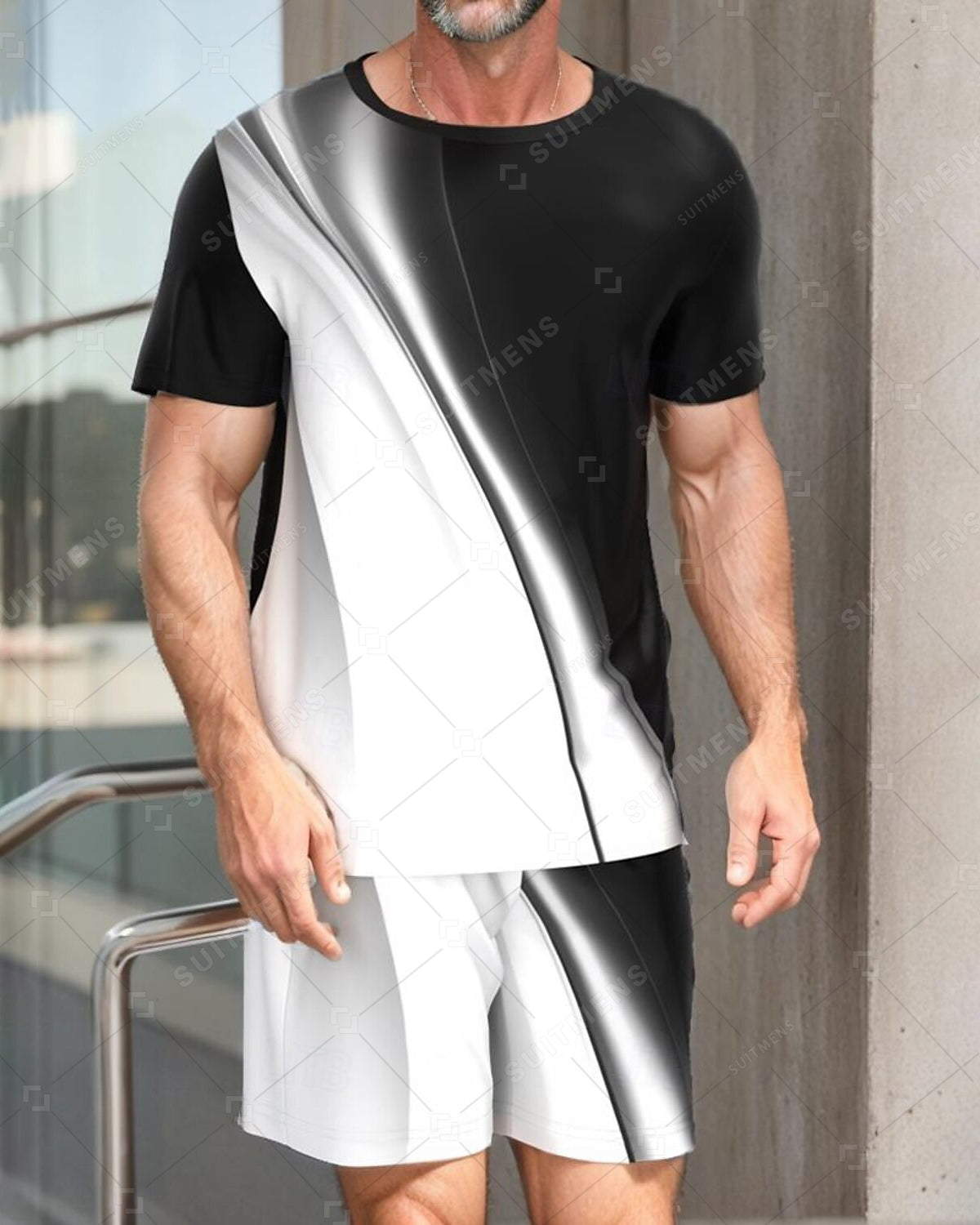 Men's Summer Gradient Print Round Neck Set 238
