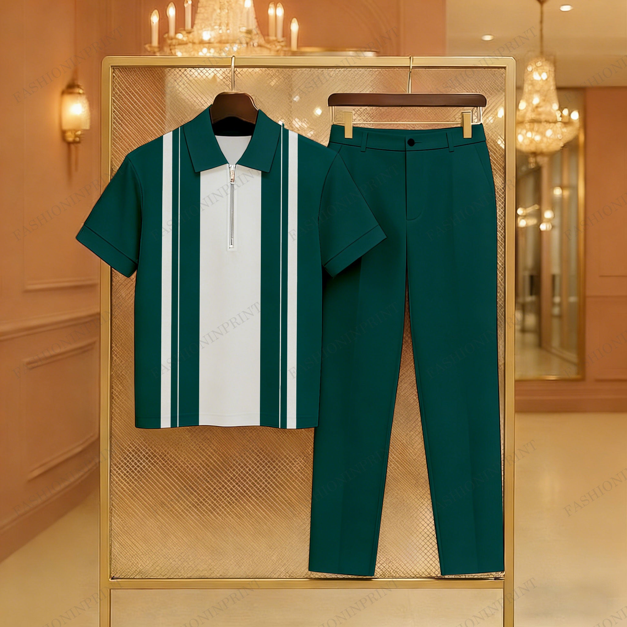 Men's Casual Green & Beige Color Matching Striped Printed Zipper Short Sleeved Polo Shirt & Trousers Two-Piece Set