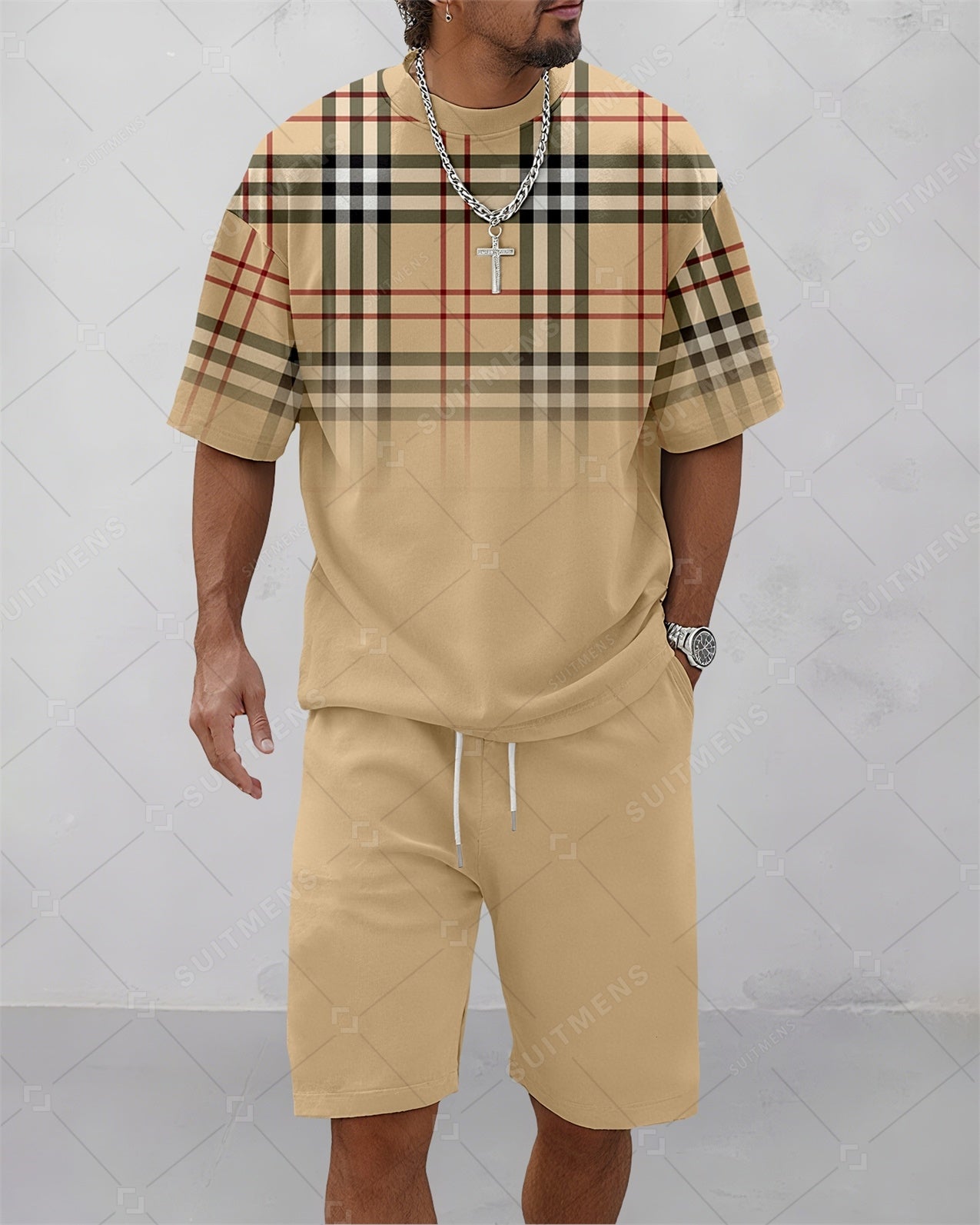 Men's Summer Colorblock Printed Round Neck Suit 084