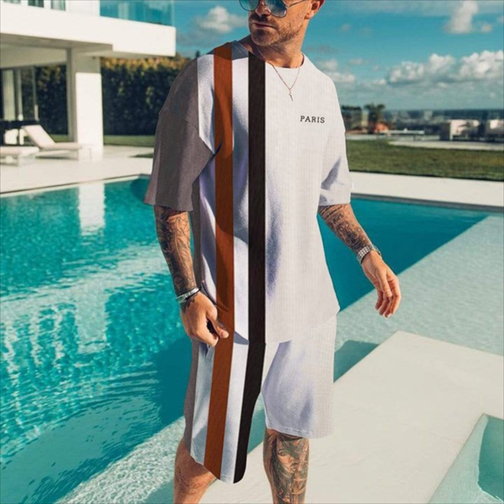 Men's casual color matching printed shorts set 414
