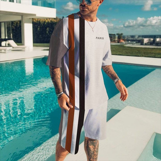 Men's casual color matching printed shorts set 414