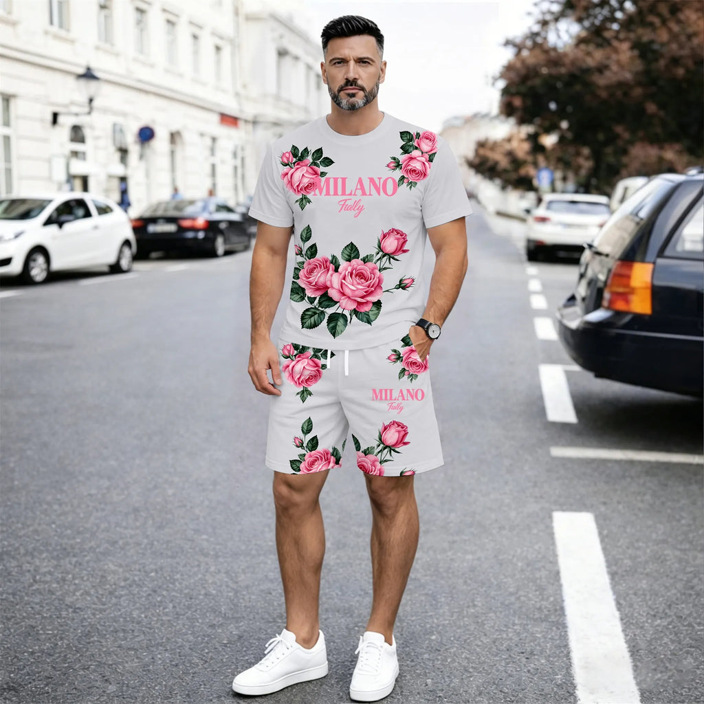 Men’s MILANO Graphic T Shirt and Shorts Set, Italy Inspired 2 Piece Matching Outfit with Short Sleeve Tee and Elastic Waist Drawstring Shorts, Soft Breathable Summer Set for Holiday, Street Style, Travel, and Everyday Wear