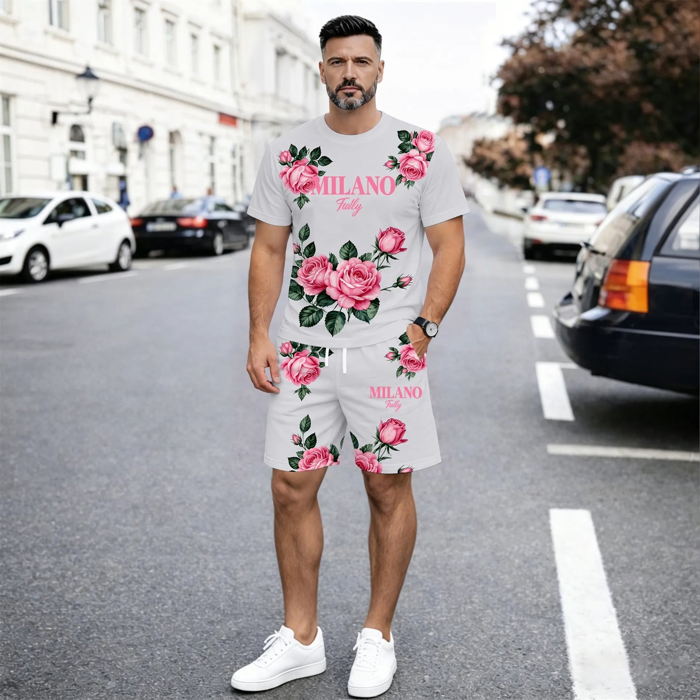 Men’s MILANO Graphic T Shirt and Shorts Set, Italy Inspired 2 Piece Matching Outfit with Short Sleeve Tee and Elastic Waist Drawstring Shorts, Soft Breathable Summer Set for Holiday, Street Style, Travel, and Everyday Wear