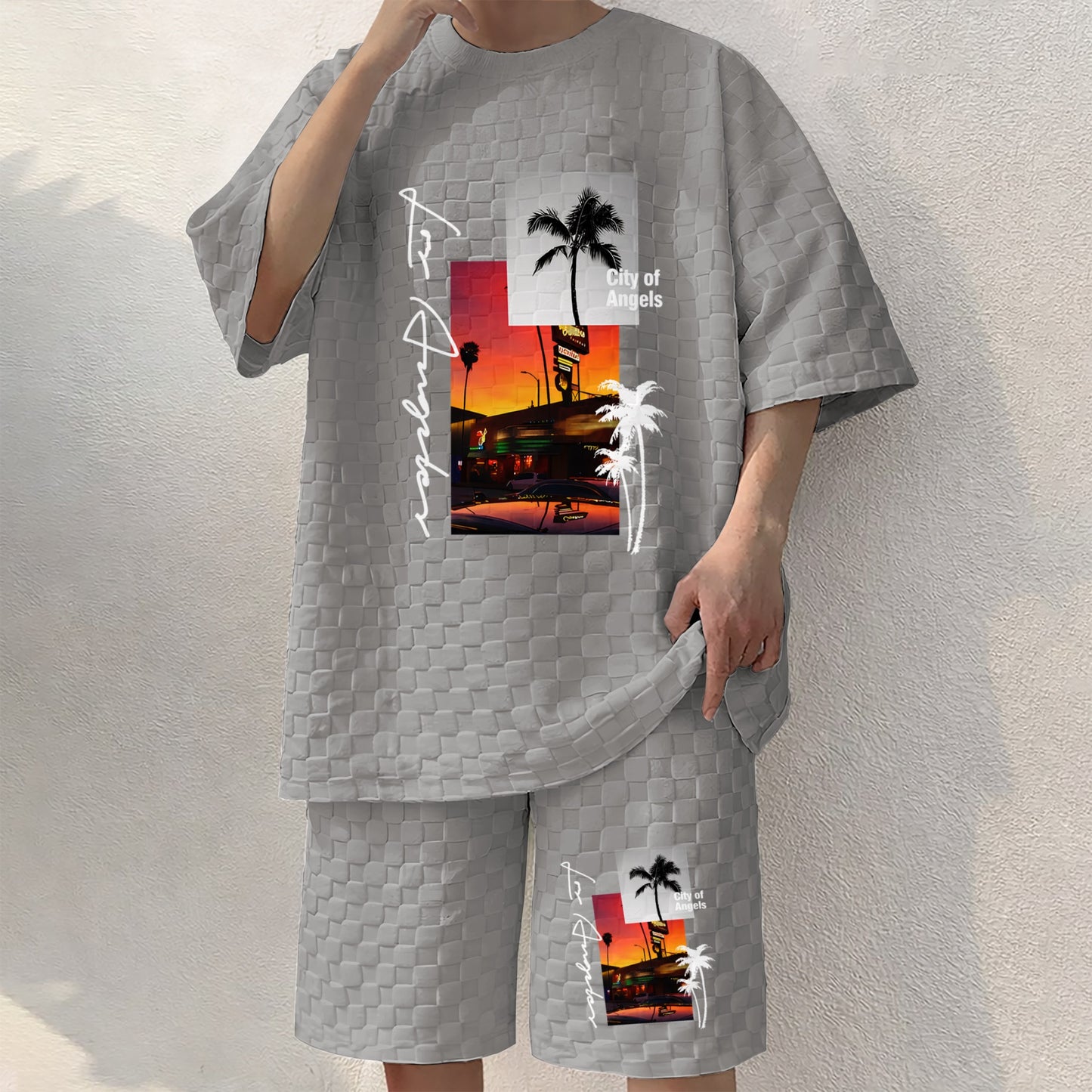 Men's Resort Graphic Print Spring And Summer Drawstring Shorts Set, A Casual Summer Outfit, Including A Short-Sleeved Shirt And Shorts, Suitable For Everyday Wear And Sports Activities.