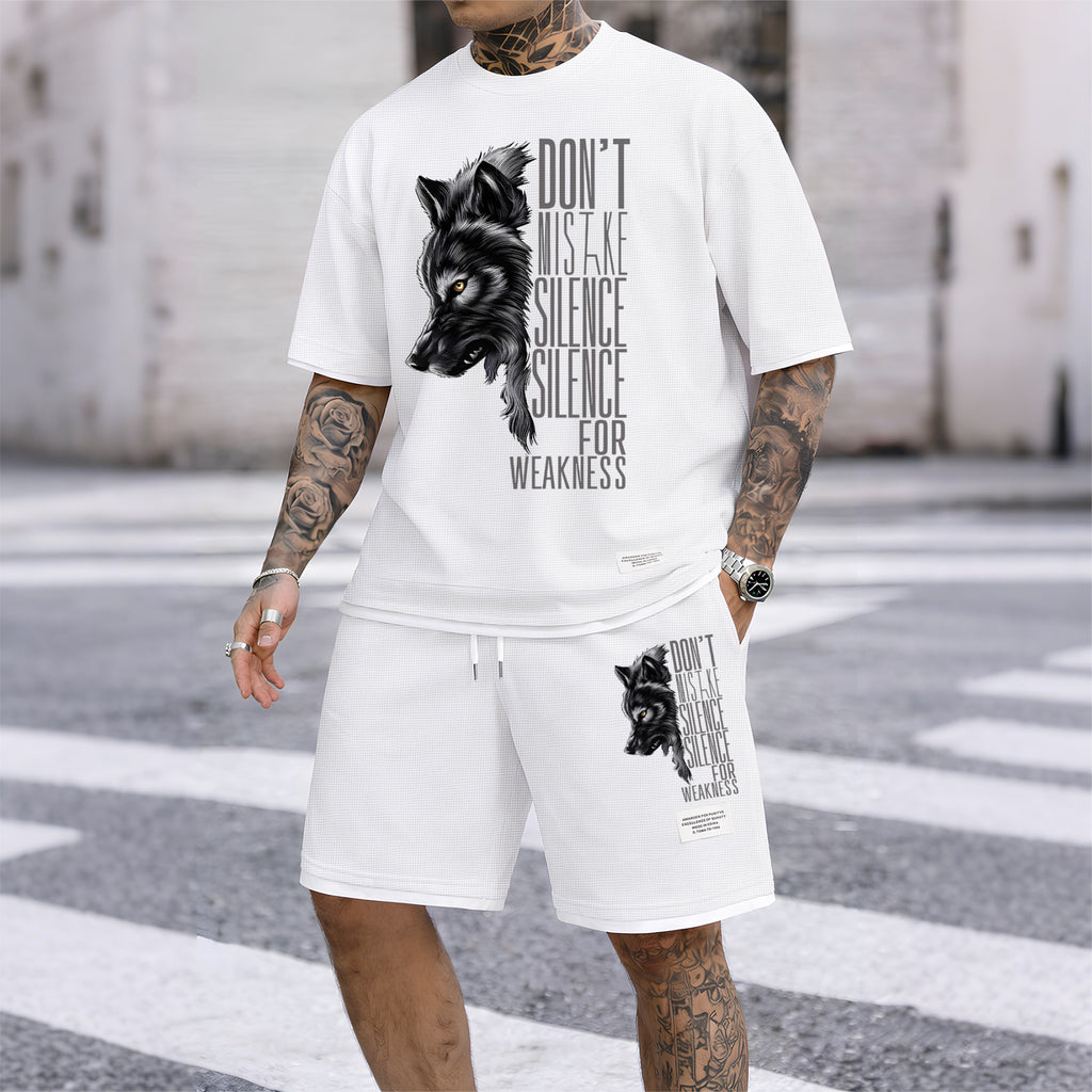 Men's Howling Wolf & "Don't Mistake Silence For Weakness" Quote Graphic Print Waffle Short Sleeve T-Shirt & Shorts Set, Summer Lightweight Casual Sporty Two-Piece Outfit