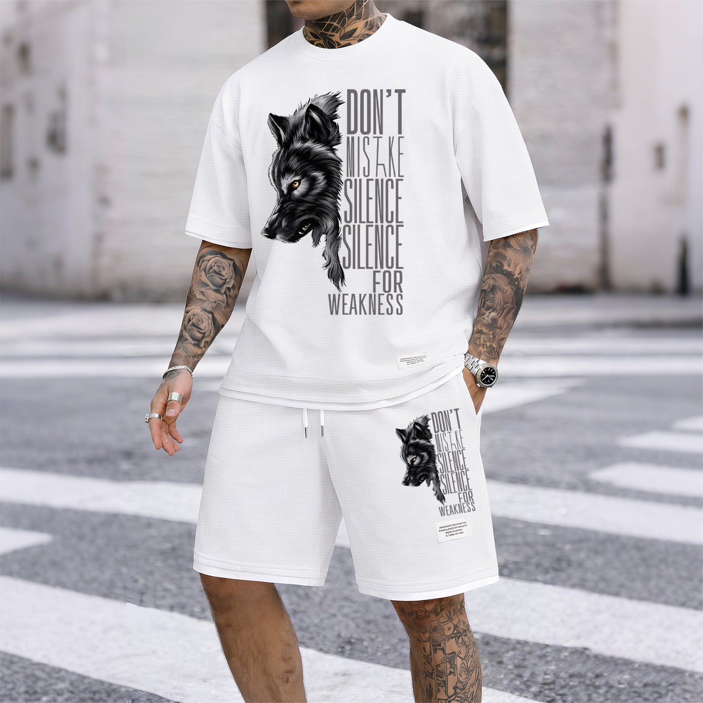 Men's Howling Wolf & "Don't Mistake Silence For Weakness" Quote Graphic Print Waffle Short Sleeve T-Shirt & Shorts Set, Summer Lightweight Casual Sporty Two-Piece Outfit