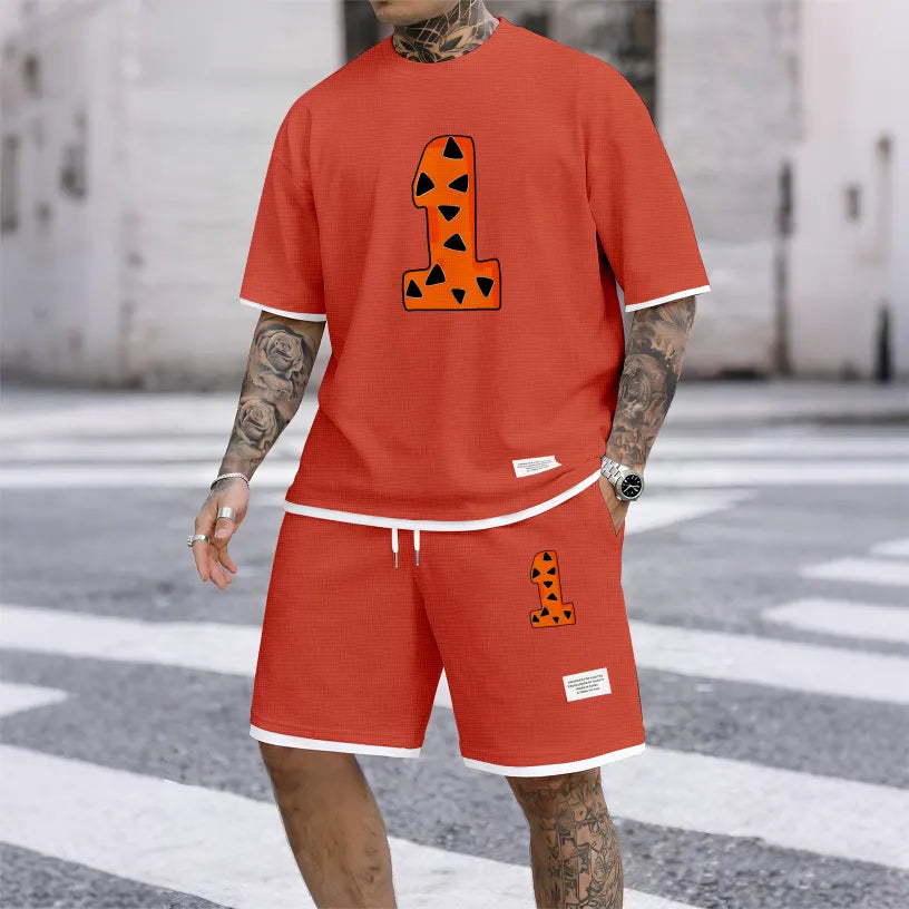 Men's Casual Style Number “1” Print Waffle Fabric Short-Sleeved Shirt And Shorts Set