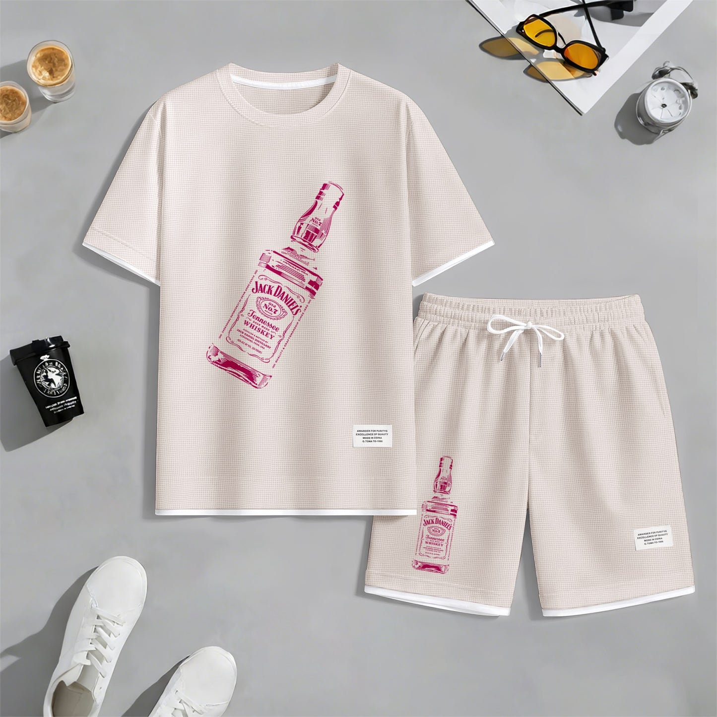 Men's Beer And Beverage Printed Drawstring Shorts Set, Suitable For Spring And Summer Wear, Casual Summer Set, Including Short-Sleeved Shirt And Shorts, Suitable For Everyday Wear And Sports 07
