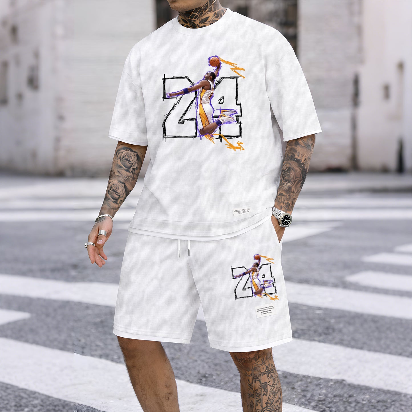 Men's No.24 Basketball Dunk Art Print Short Sleeve T-Shirt & Shorts Set, Summer Lightweight Waffle Sporty Casual Two-Piece Outfit, Streetwear for Basketball, Gym & Daily Wear