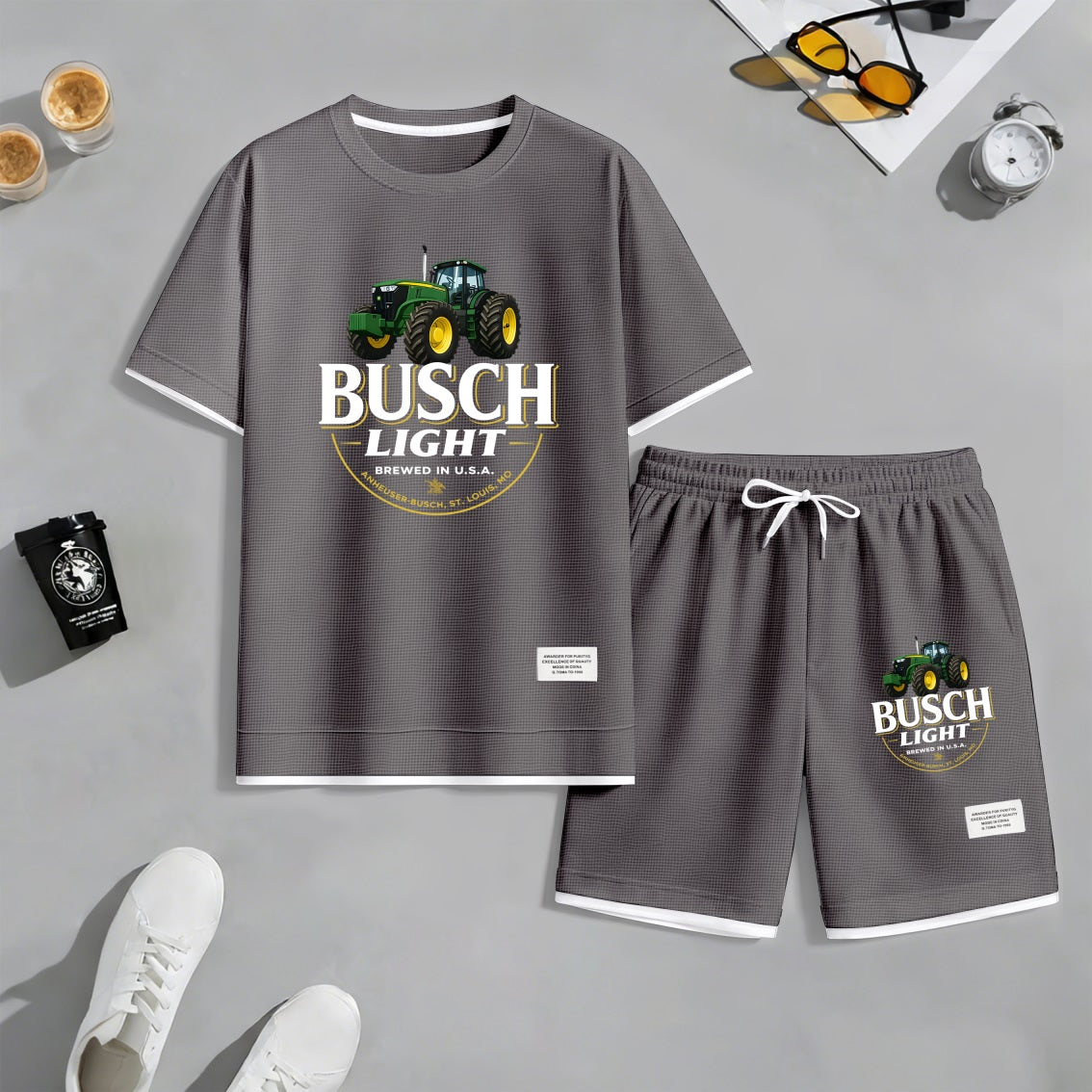 Men's Outdoor Iced Beer Print Waffle Fabric Short-Sleeved Shirt And Shorts Set