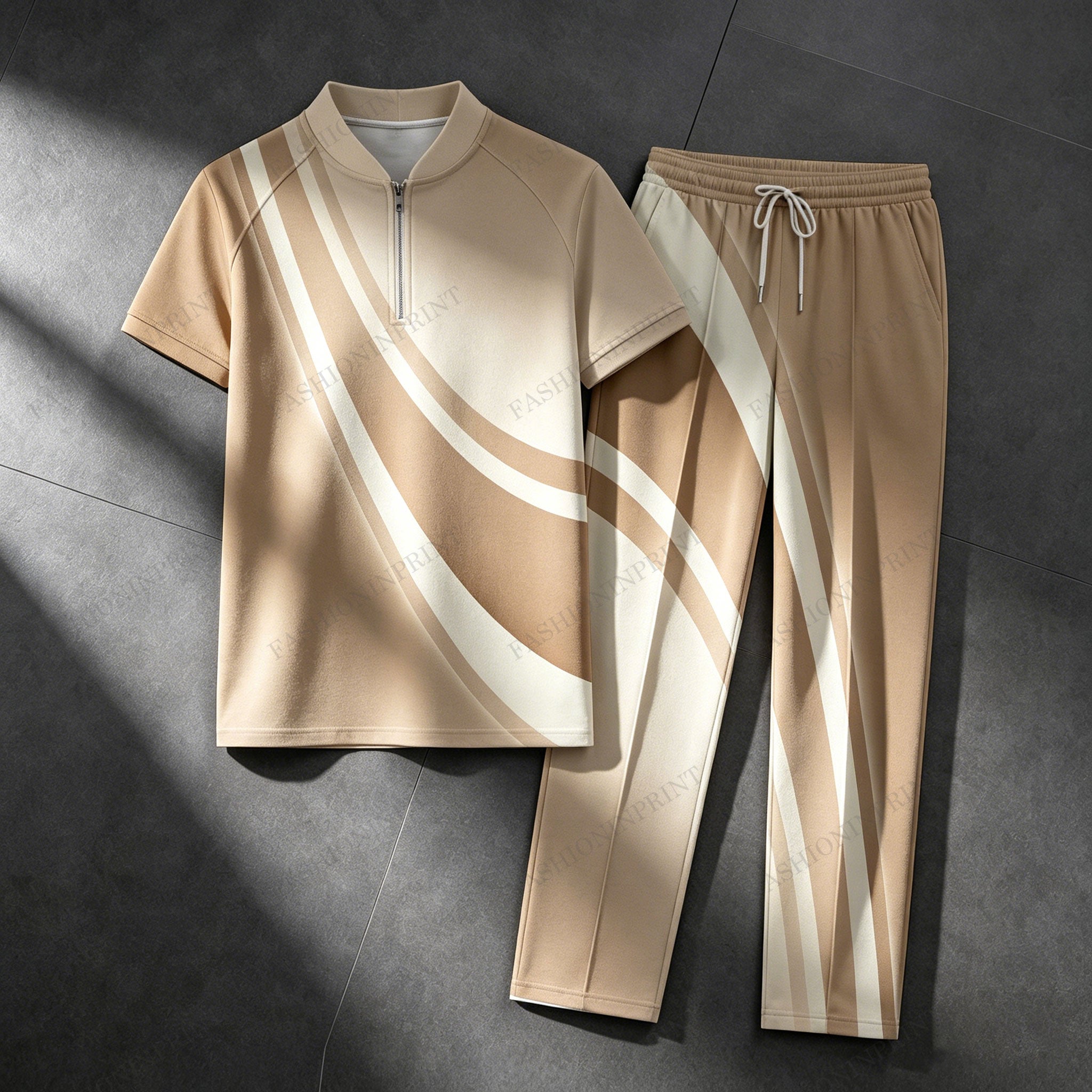 Men's Casual Khaki Gradient Geometric Print Crew Neck Short-Sleeve Shirt & Long Pants Set With Zipper Detail