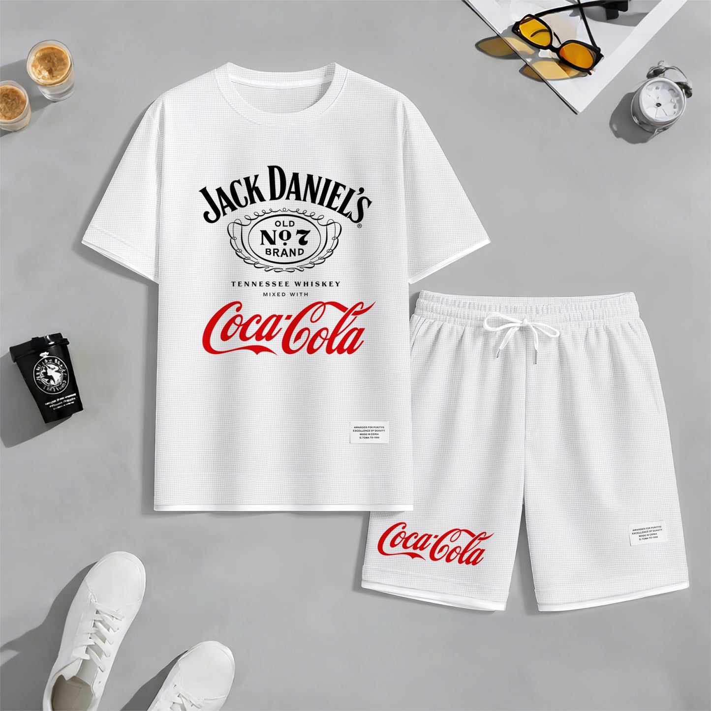 Men's Beer Print Drawstring Shorts Set, Suitable For Spring And Summer Wear, Casual Summer Set, Including Short-Sleeved Shirt And Shorts, Suitable For Everyday Wear And Sports 06