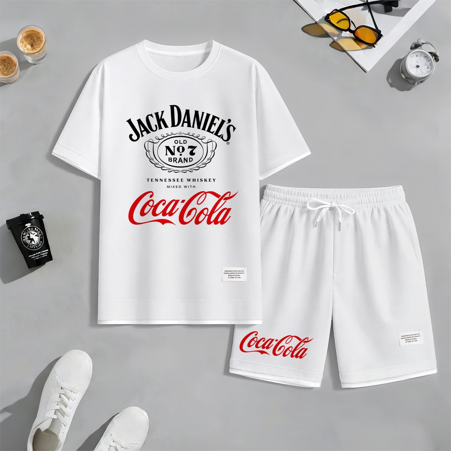 Men's Beer Print Drawstring Shorts Set, Suitable For Spring And Summer Wear, Casual Summer Set, Including Short-Sleeved Shirt And Shorts, Suitable For Everyday Wear And Sports 06