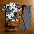 Men's Casual White Dragon Printed Polo Shirt And Pants Two-Piece Set