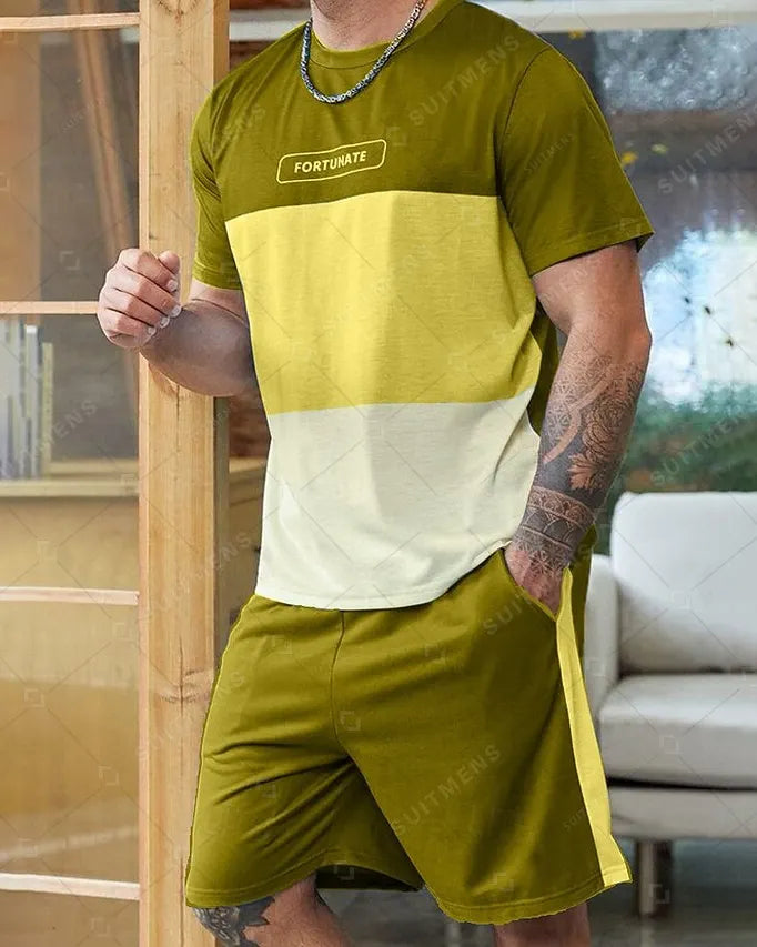 Men's Summer Color Matching Print Round Neck Set 227