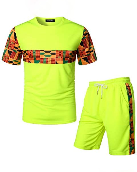 Men's Printed Colorblock T-Shirt and Shorts Set 021
