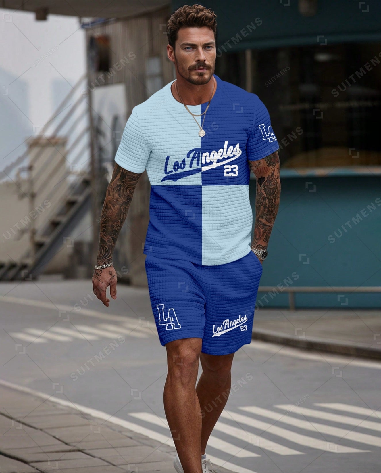 Men's Casual Waffle Textured Summer Round Neck Short Sleeve Shorts Set 009
