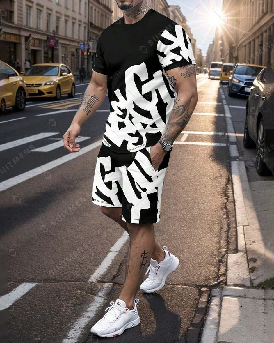 Men's Summer Colorblock Printed Round Neck Set 410