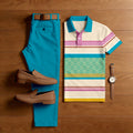 Men's Casual Blue & Khaki Color Matching Striped Printed Short Sleeved Polo Shirt & Trousers Two-Piece Set