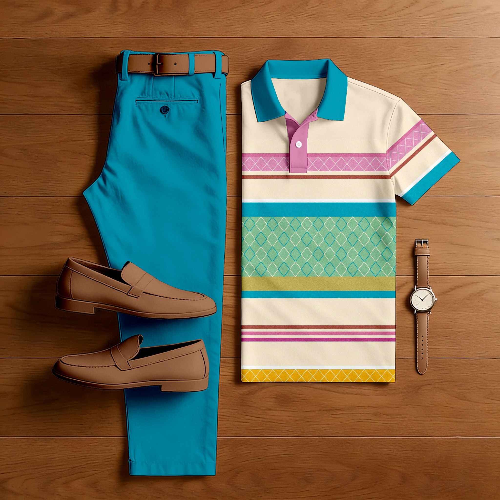 Men's Casual Blue & Khaki Color Matching Striped Printed Short Sleeved Polo Shirt & Trousers Two-Piece Set