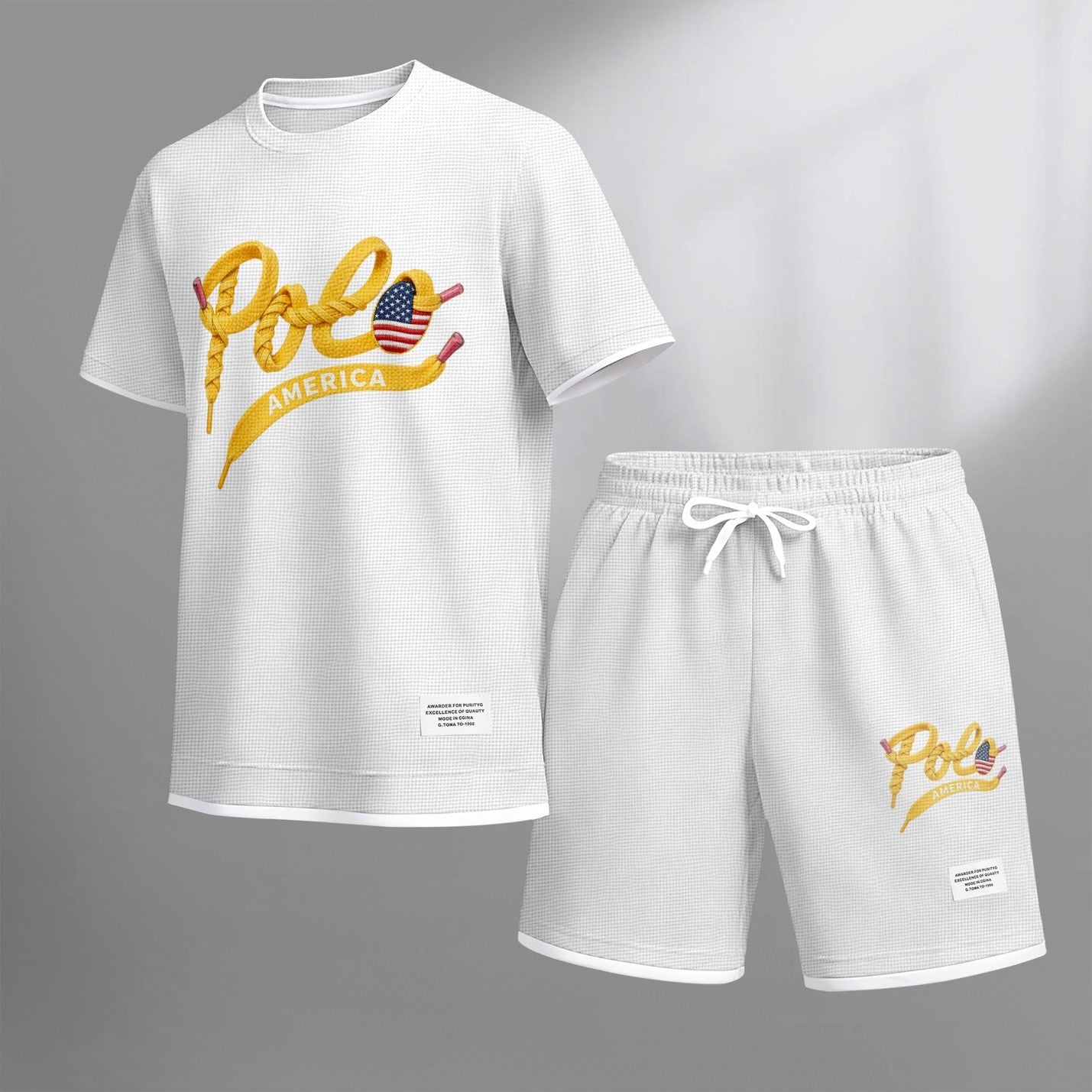 Men's Polo print drawstring shorts set for spring/summer, a casual summer outfit including a short-sleeved shirt and shorts, suitable for everyday wear and sports. A two-piece set for a relaxed and energetic lifestyle.