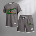 Men's Cartoon Crocodile Head Print Waffle Fabric Short-Sleeved Shirt And Shorts Set