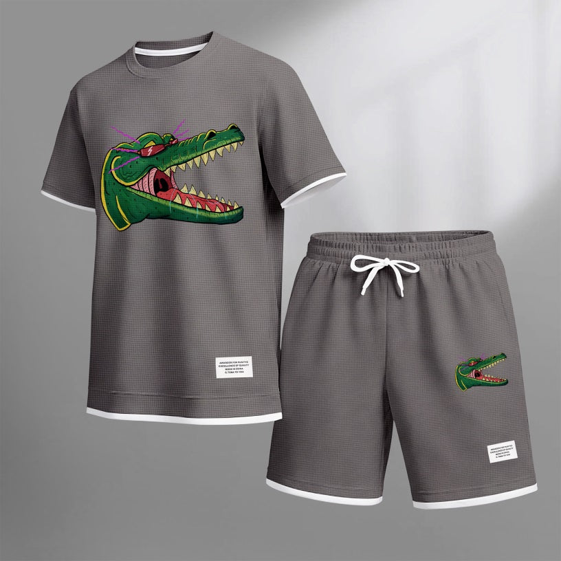 Men's Cartoon Crocodile Head Print Waffle Fabric Short-Sleeved Shirt And Shorts Set