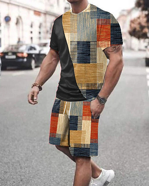Suitmens Men's Colorblock Check Print Shorts Set 363