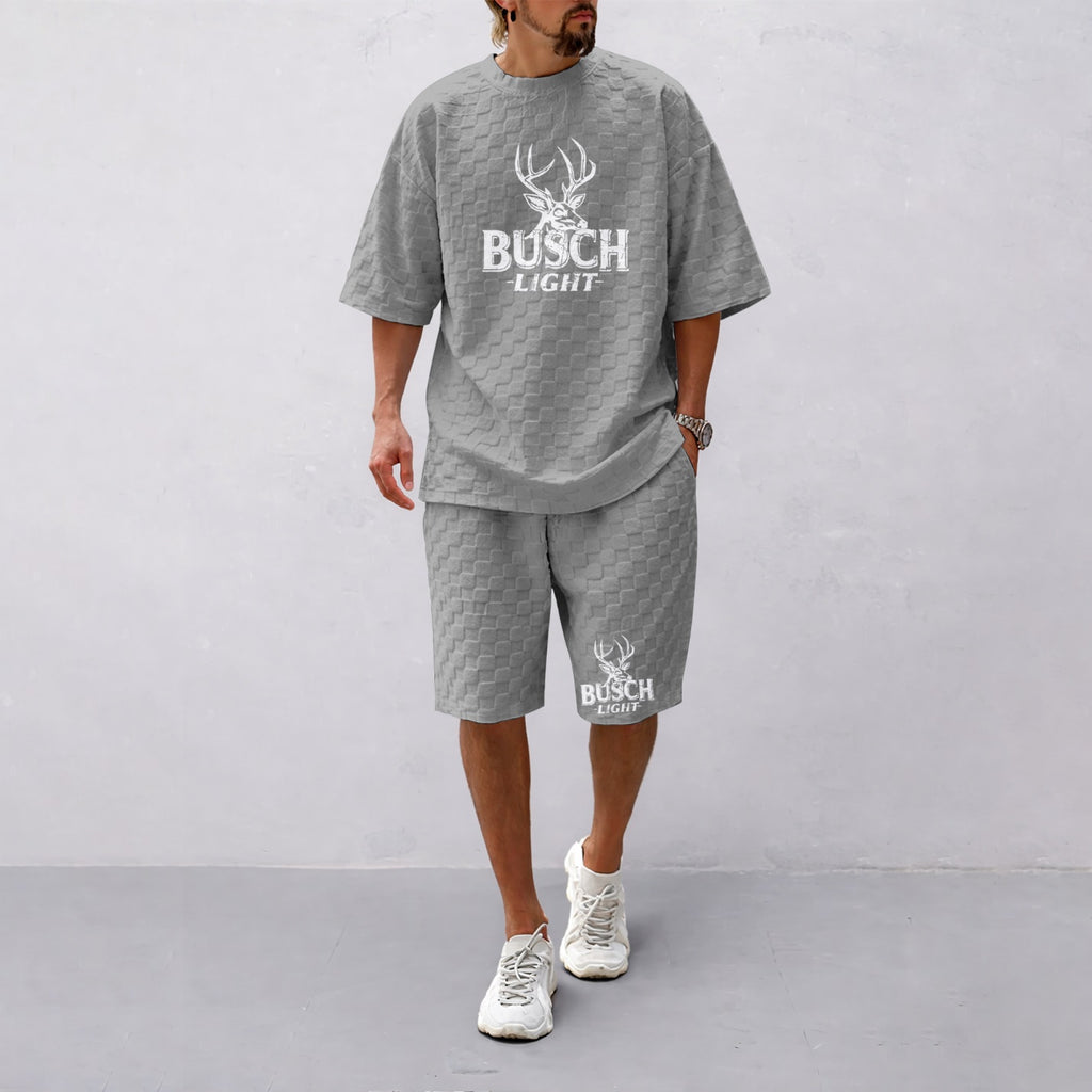 Men's Spring And Summer Light Beer Print With Red And Black Line Checkered Fabric Drawstring Shorts Set, Casual Summer Outfit With Short-Sleeved Shirt And Shorts, Ideal For Everyday Wear And Sports Activities