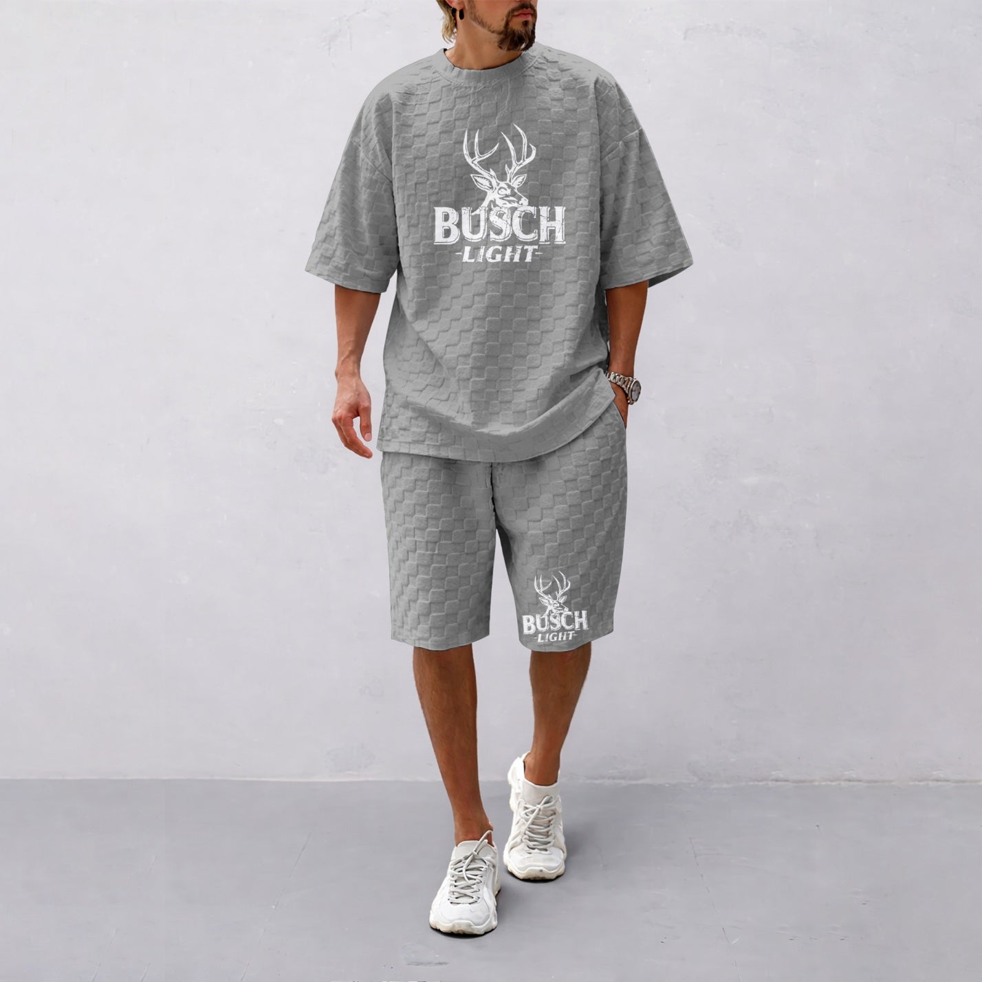 Men's Spring And Summer Light Beer Print With Red And Black Line Checkered Fabric Drawstring Shorts Set, Casual Summer Outfit With Short-Sleeved Shirt And Shorts, Ideal For Everyday Wear And Sports Activities