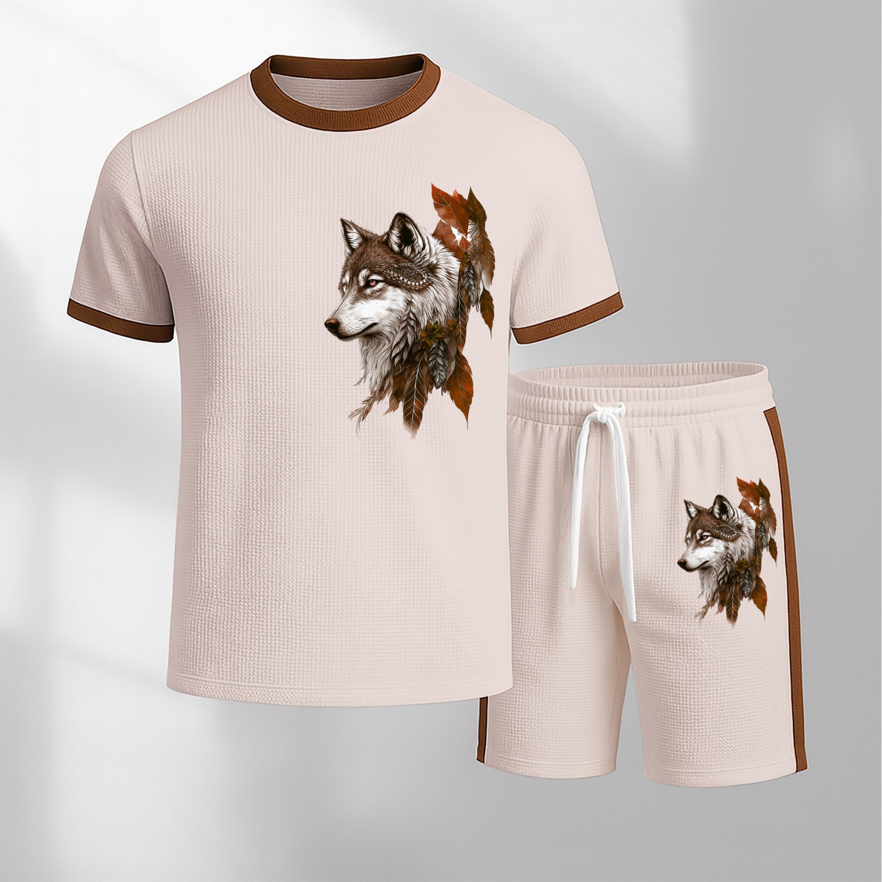 Men's Wolf King Pattern Short-Sleeve T-Shirt and Drawstring Shorts Set, Men's Clothing, Casual Sportswear Short-Sleeve Top and Shorts, Summer Men's Everyday Wear, Indoor and Outdoor Sportswear, Sports Set