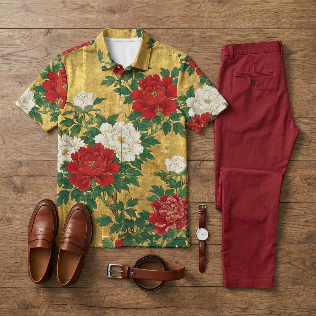 Men's Casual Apricot Flowers Printed Short-Sleeve Polo Shirt And Trousers Two-Piece Set