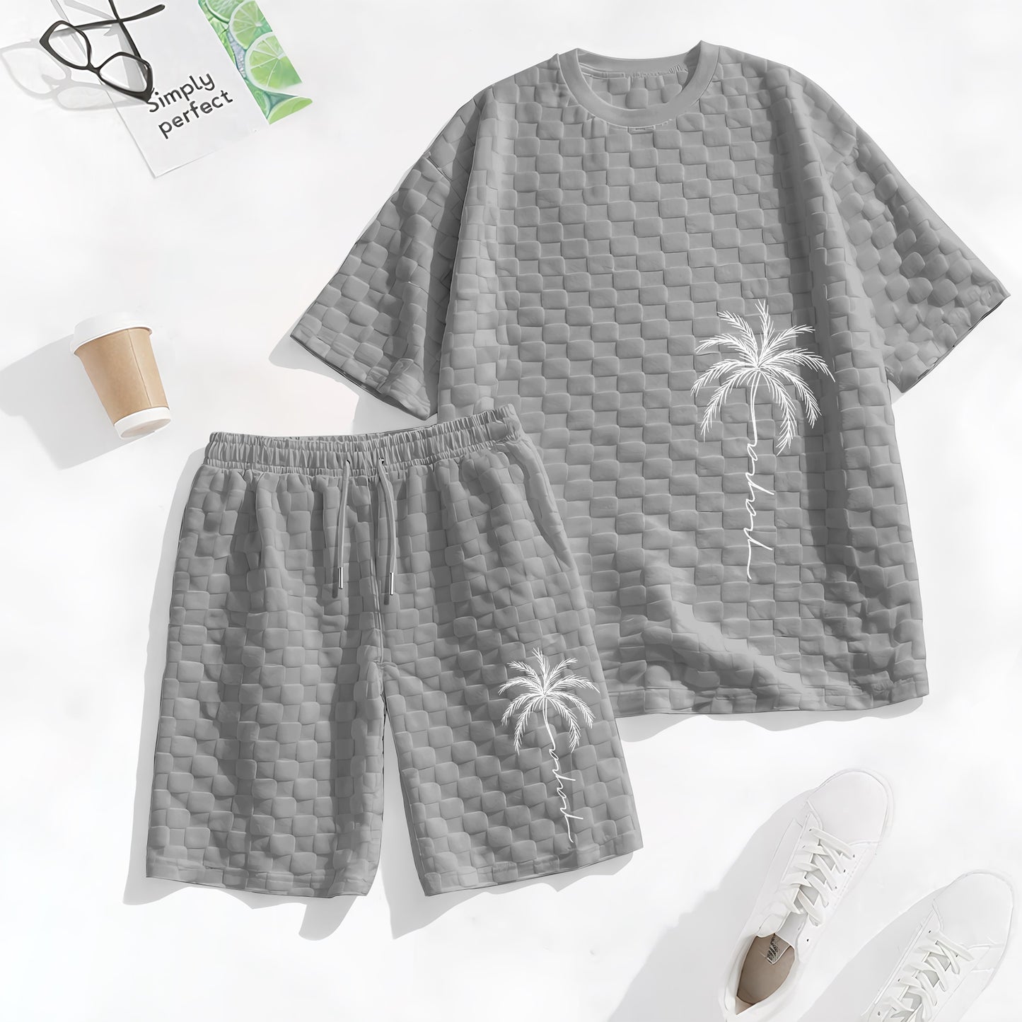 Men's Spring and Summer Palm Tree Print Checkered Fabric Drawstring Shorts Set, Casual Summer Outfit with Short-Sleeved Shirt and Shorts, Ideal for Everyday Wear and Sports Activities.