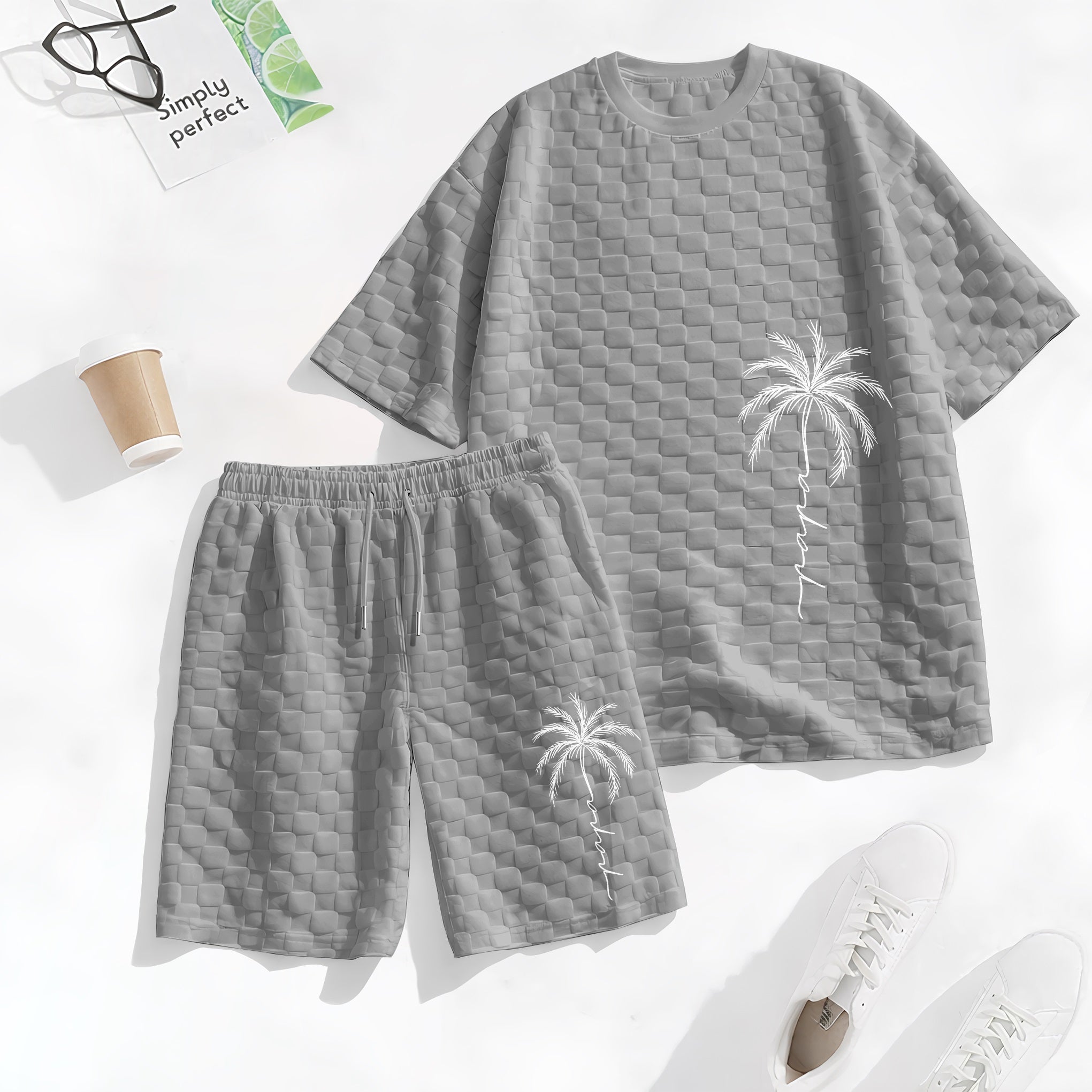 Men's Spring and Summer Palm Tree Print Checkered Fabric Drawstring Shorts Set, Casual Summer Outfit with Short-Sleeved Shirt and Shorts, Ideal for Everyday Wear and Sports Activities.
