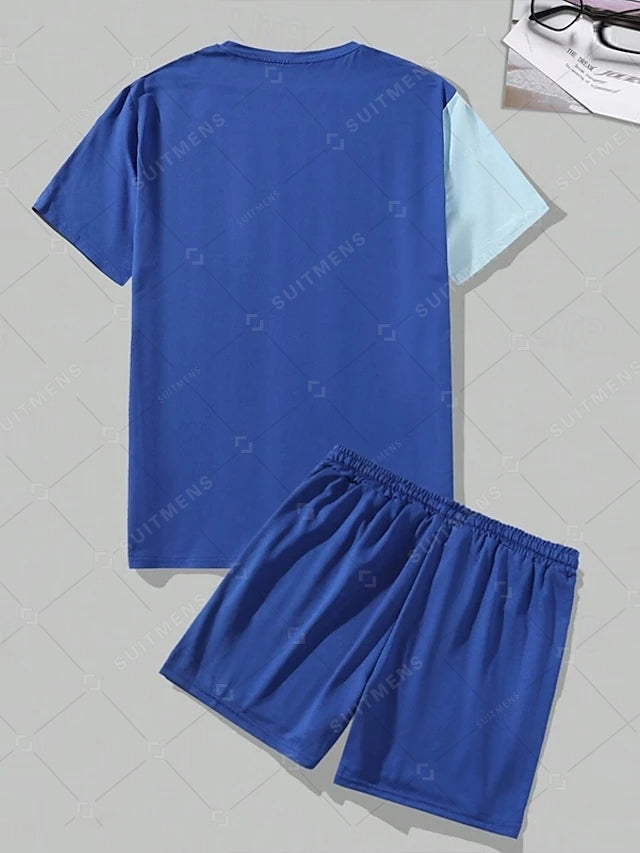 Men's Summer Color Matching Print Round Neck Set 234