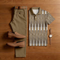 Men's Casual Brown Printed Polo Shirt And Trousers Two-Piece Set