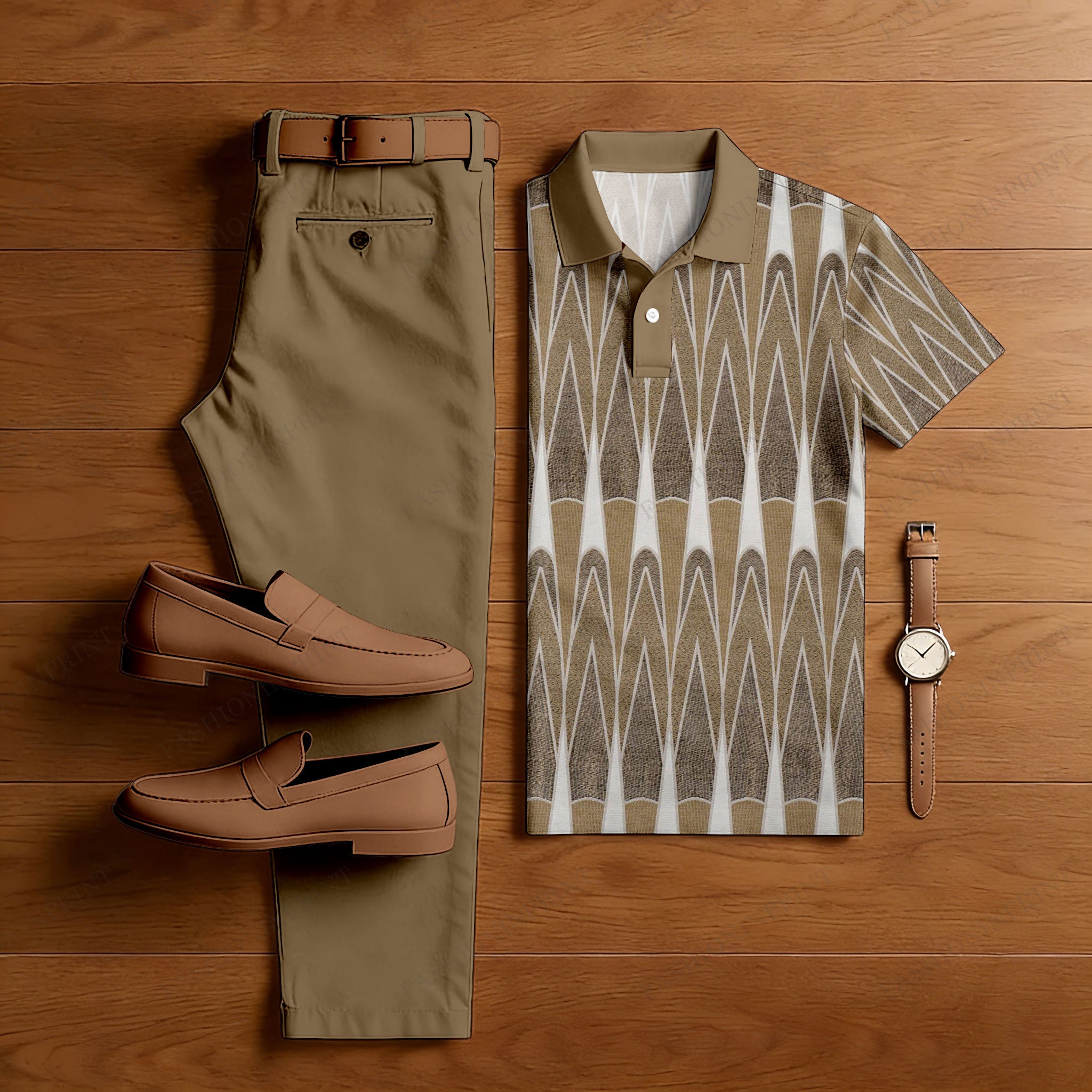 Men's Casual Brown Printed Polo Shirt And Trousers Two-Piece Set