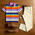 Men's Casual Colorful Stripes Printed Polo Shirt And Pants Two-Piece Set