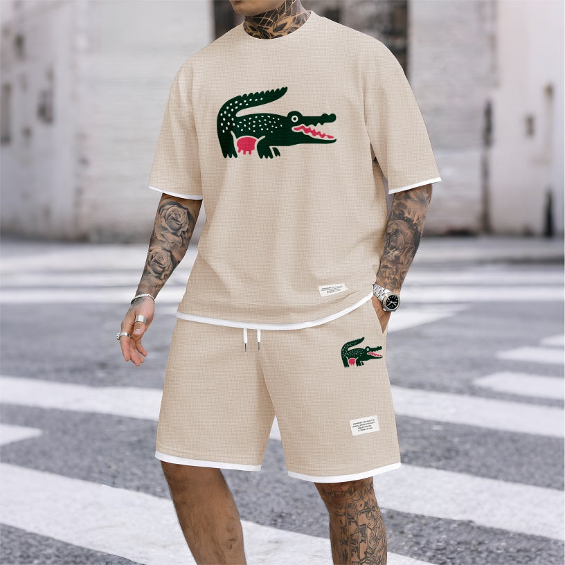 Men's Funny Crocodile Print Waffle Fabric Short-Sleeved Shirt And Shorts Set