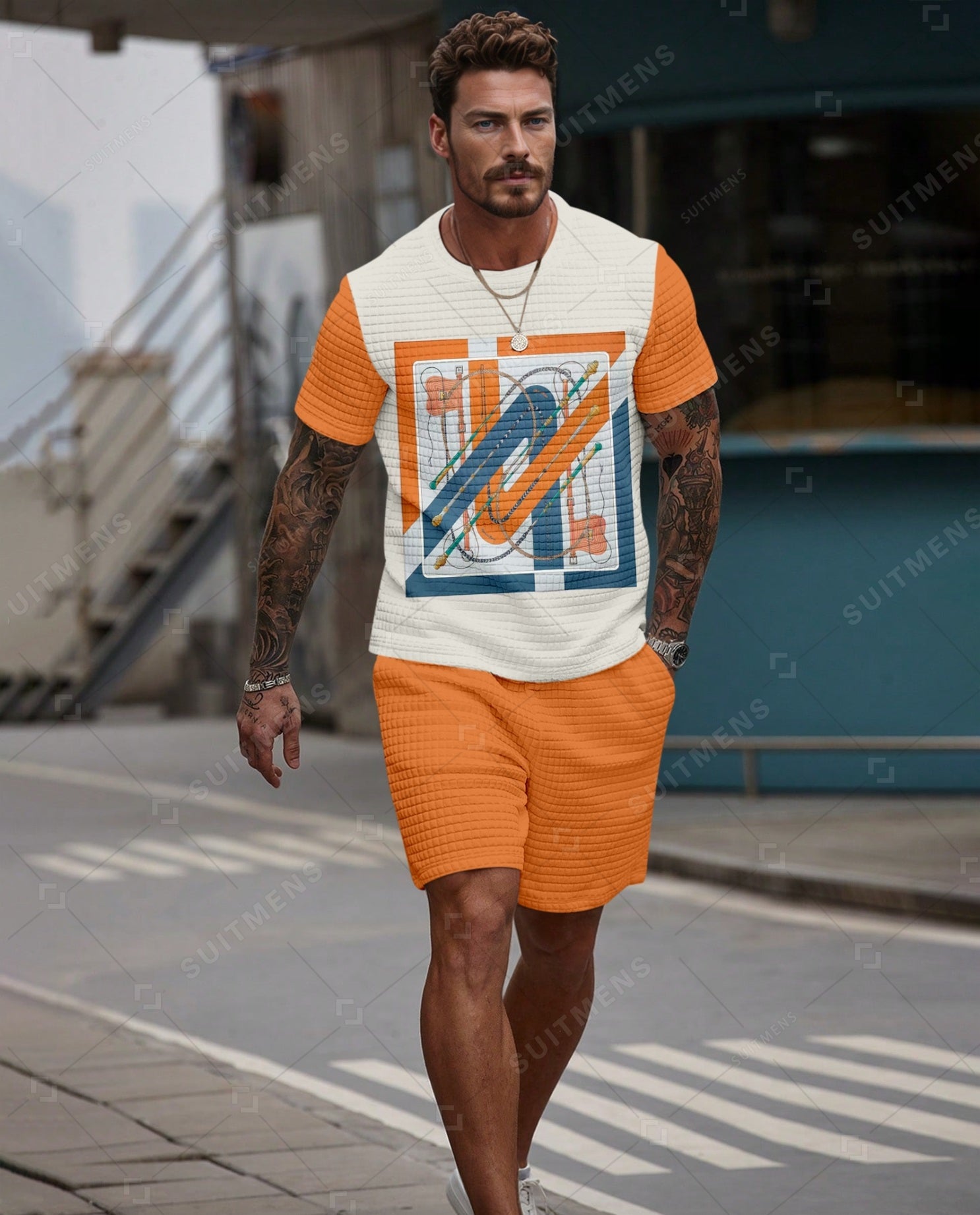Men's Casual Waffle Textured Summer Round Neck Short Sleeve Shorts Set 0025