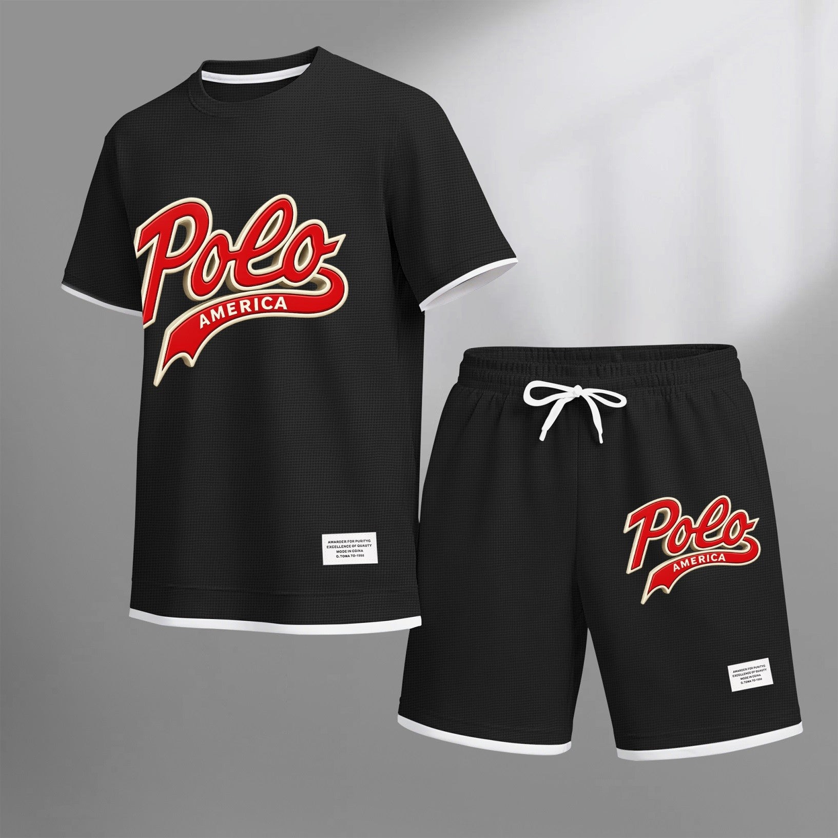 Men's American-style printed drawstring shorts set is ideal for spring and summer. This casual summer outfit includes a short-sleeved shirt and shorts, suitable for everyday wear and athletic activities.