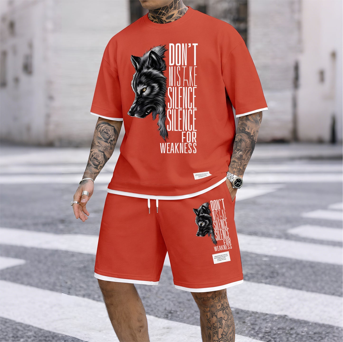 Men's Howling Wolf & "Don't Mistake Silence For Weakness" Quote Graphic Print Waffle Short Sleeve T-Shirt & Shorts Set, Summer Lightweight Casual Sporty Two-Piece Outfit