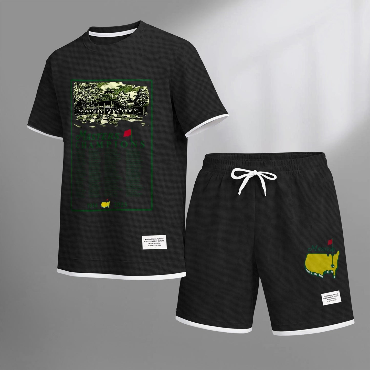 Men's Golf Club print drawstring shorts set for spring/summer, a casual summer outfit including a short-sleeved shirt and shorts, suitable for everyday wear and sports. A two-piece set for a relaxed and energetic lifestyle.