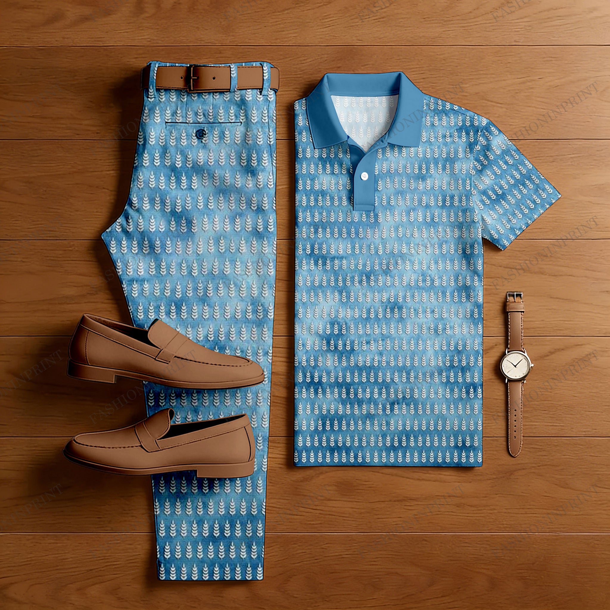 Men's Casual Blue Geometric Printed Short Sleeved Polo Shirt & Trousers Two-Piece Set