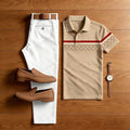 Men's Casual Khaki Plaid Printed Polo Shirt And Pants Two-Piece Set